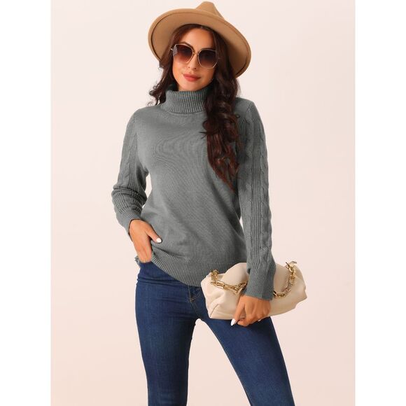 High Neck Long Sleeve Casual Chunky Warm Pullover Sweater Top Gray - Picture 3 of 5